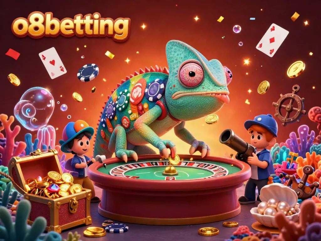 Engage with exciting o8betting adventures in a vivid casino scene featuring a colorful chameleon casino owner.