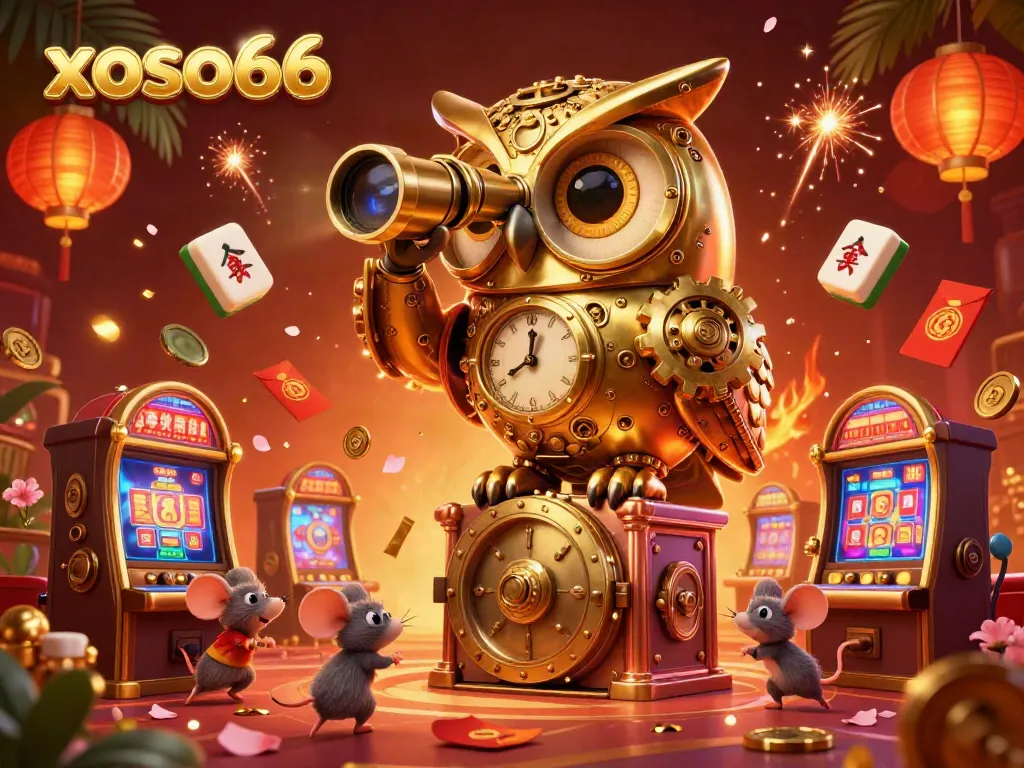 Experience excitement at xoso66 with a golden owl overlooking a vibrant casino floor filled with fun gaming elements.