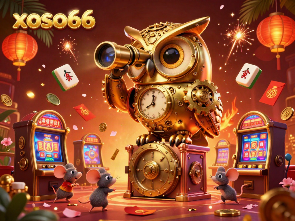 Experience excitement at xoso66 with a golden owl overlooking a vibrant casino floor filled with fun gaming elements.