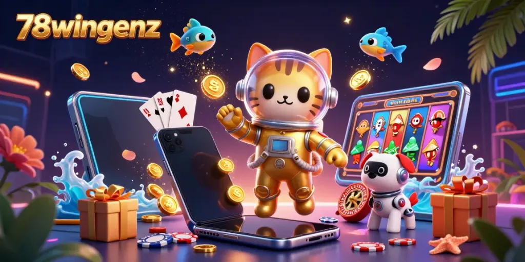 78wingenz's 3D space cat showcases dynamic slot gaming elements in ultra-detailed illustration.