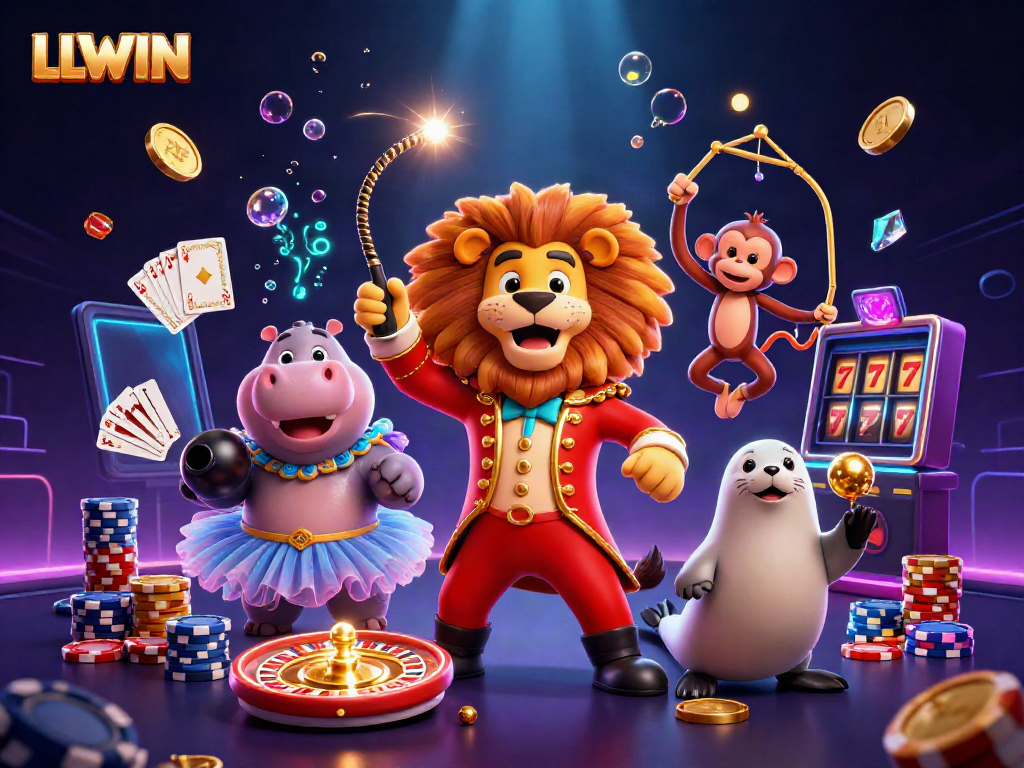 Experience dynamic gaming at LLWIN with vibrant characters and gold coins flying around.