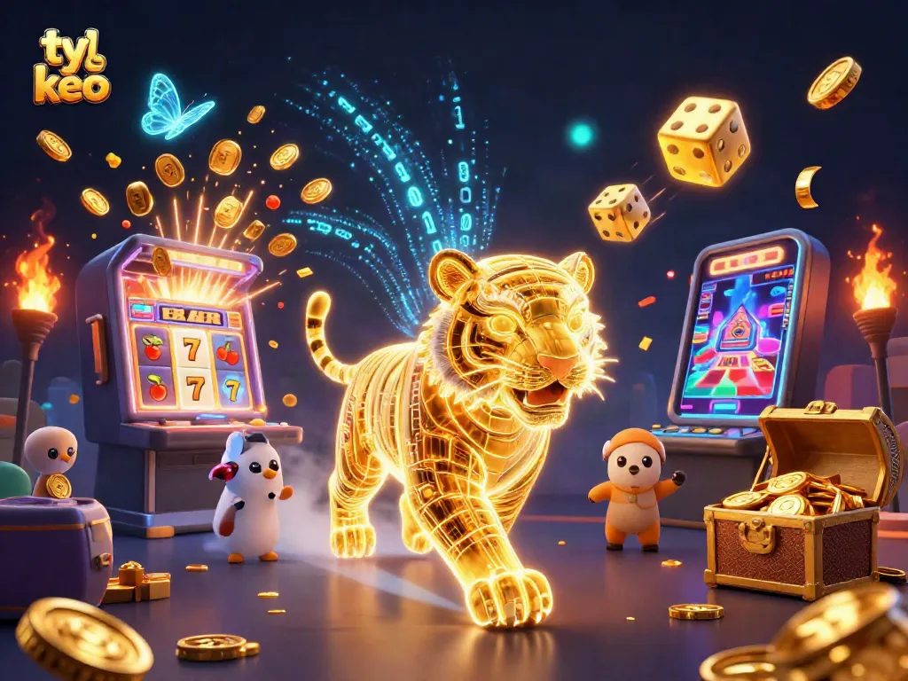 Bet on ty le keo with a stunning visual of a dynamic casino scene featuring neon-wireframe tiger and jackpot