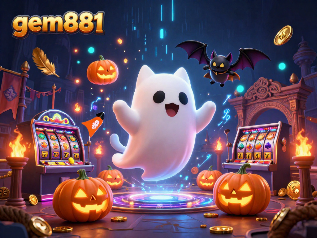 gem881 captures the excitement of gambling with a ghost cat, vampire bat, and glowing poker jack-o-lanterns