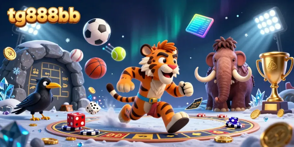 Experience the excitement of tg888bb with cartoon caveman and sabertooth in a vibrant casino scene.