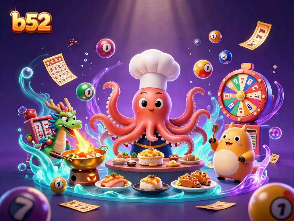 Engage with b52 casino excitement as a dragon breathes fire amidst vibrant lottery elements.