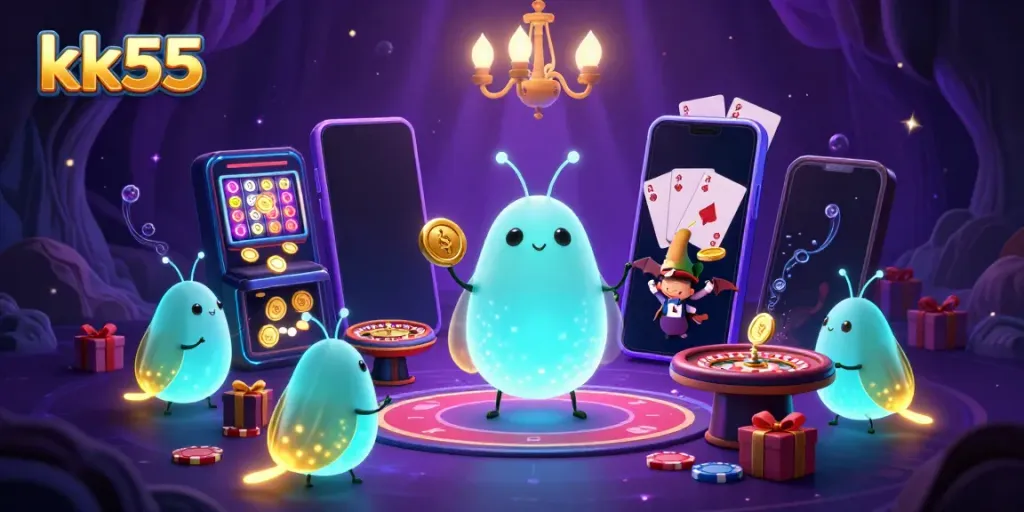 Experience the thrill at kk55 with glowworms lighting up a vibrant cave casino atmosphere.