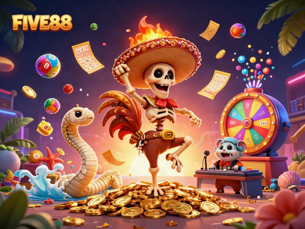 FIVE88 hosts a lively casino scene with a dancing mariachi rooster and dynamic gaming elements.