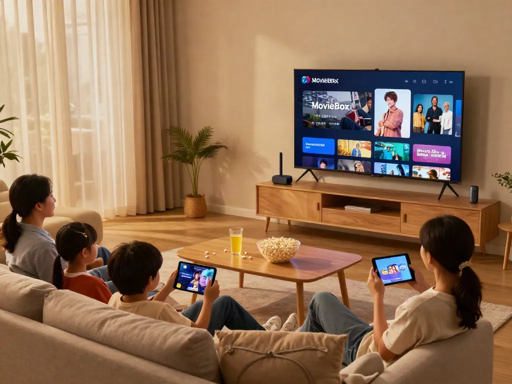 Family enjoying free HD movies on MovieBox Pro app in a cozy living room, encouraging viewers to read more.