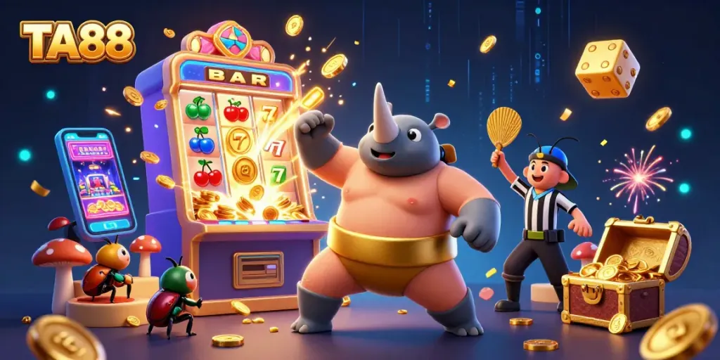 TA88 brings excitement as a cartoon rhinoceros beetle sumo champion triumphs in a vibrant casino scene