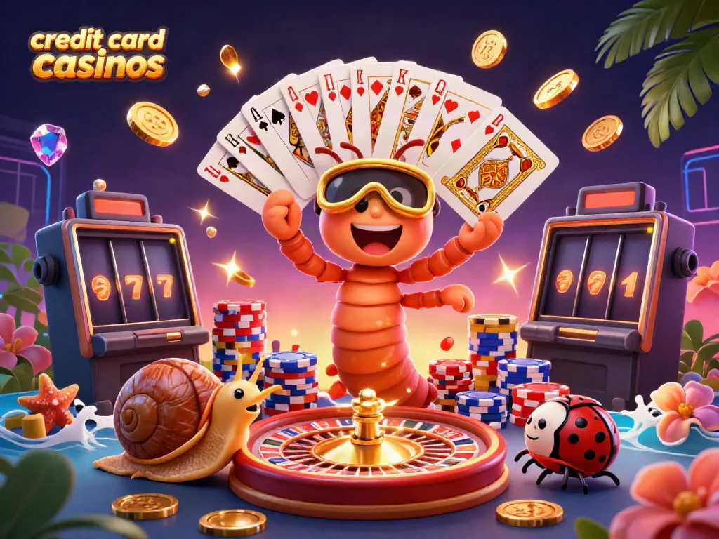 Experience the excitement of credit card casinos with a vibrant scene of unique characters and casino elements.