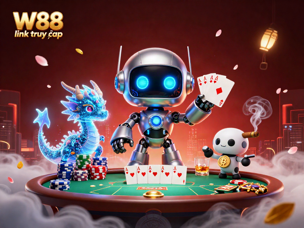 W88 link truy cập showcases a vibrant casino scene with a futuristic robot and holographic dragon, emphasizing high-stakes games.