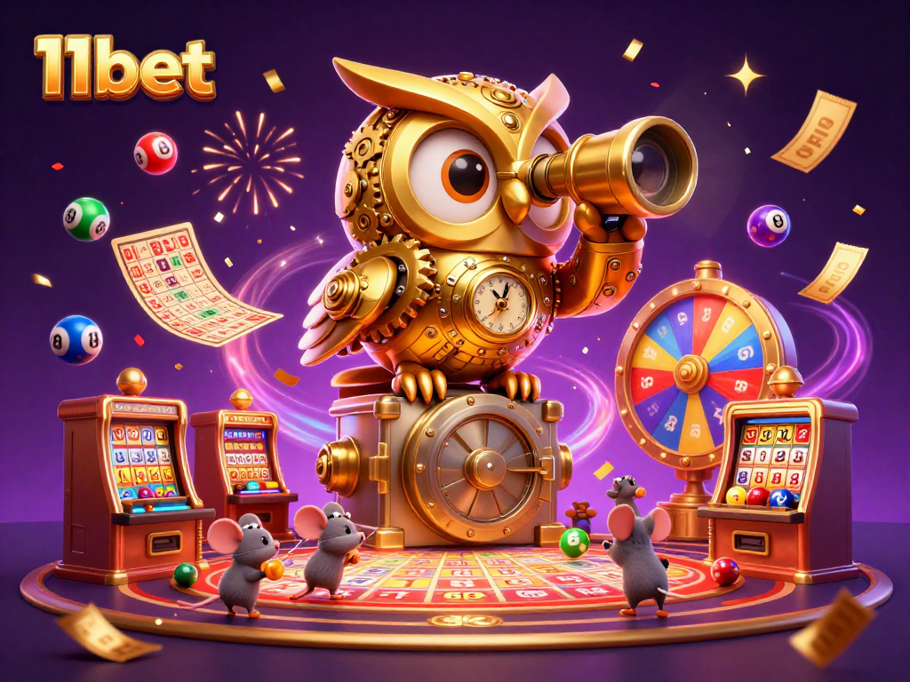 Experience the thrill of 11bet with the golden owl and vibrant casino scene.