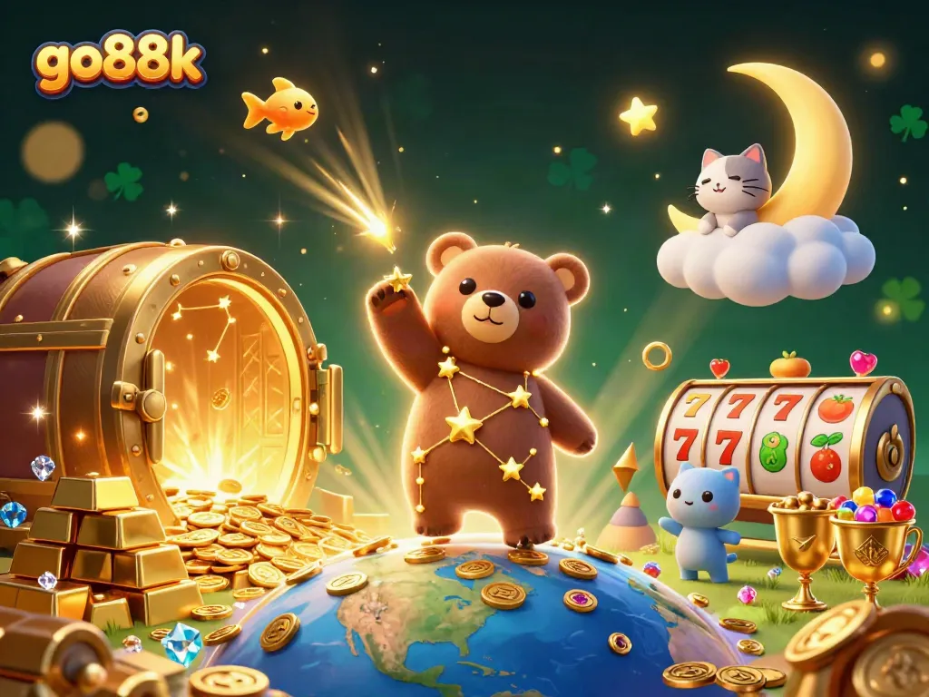 Engage in thrilling gameplay at go88k with vibrant slots and treasures in a celestial scene.
