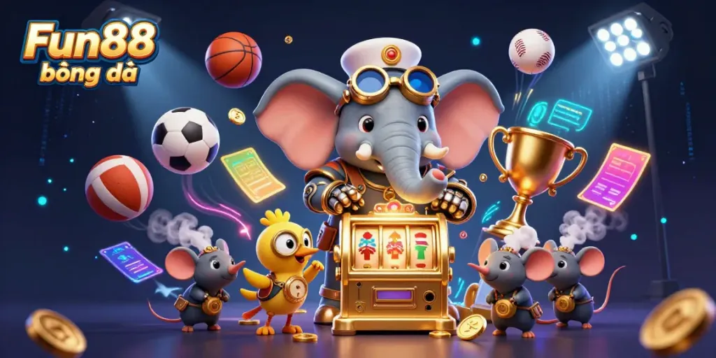 Engage with Fun88 bóng đá as a steampunk elephant operates a golden slot machine amidst a dynamic sports scene.
