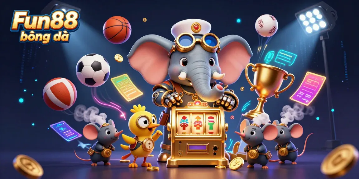 Engage with Fun88 bóng đá as a steampunk elephant operates a golden slot machine amidst a dynamic sports scene.