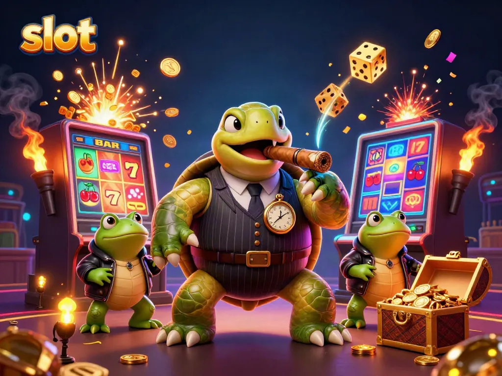Engaging slot machine scene with a cartoon snapping turtle and bullfrog enforcers amidst golden coins and jackpots.