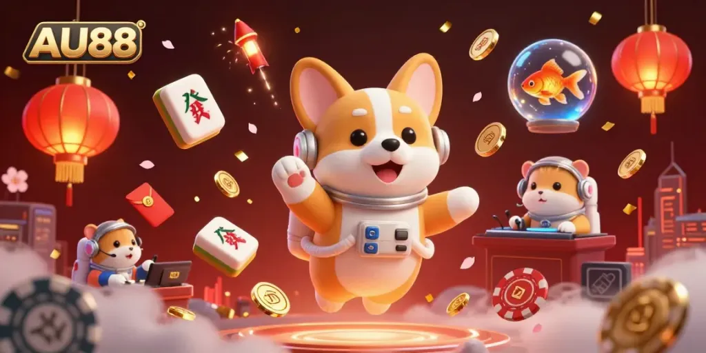 Engage in fun at AU88 with a 3D cartoon astronaut corgi in a vibrant space casino scene.