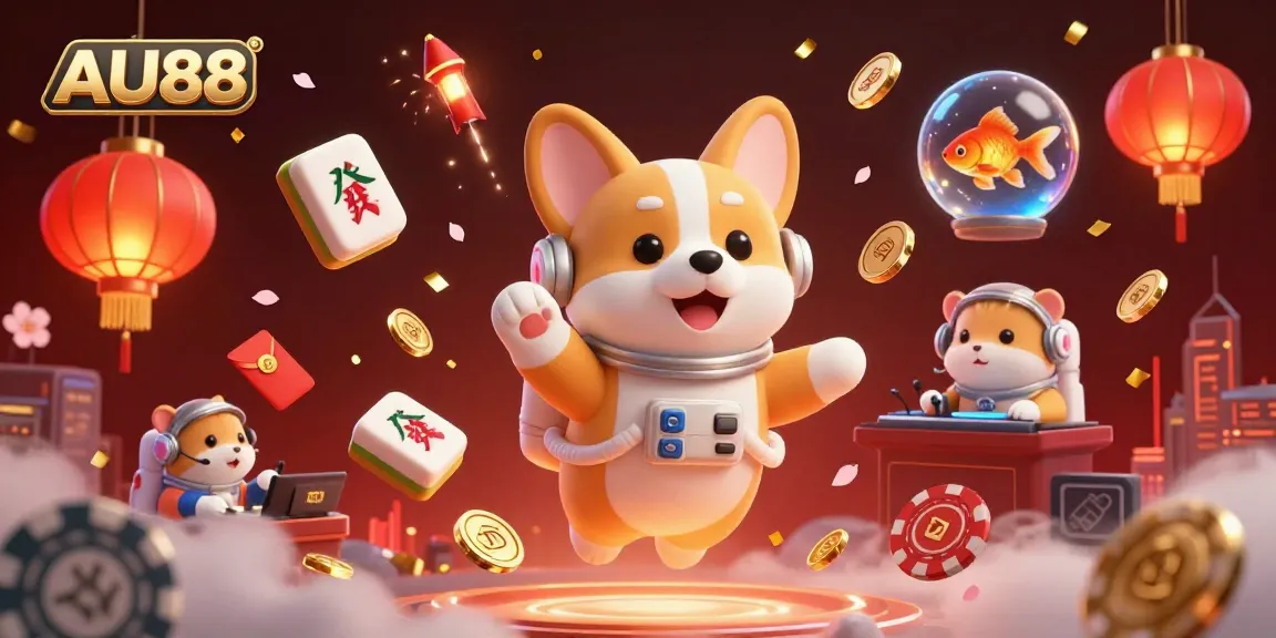Engage in fun at AU88 with a 3D cartoon astronaut corgi in a vibrant space casino scene.