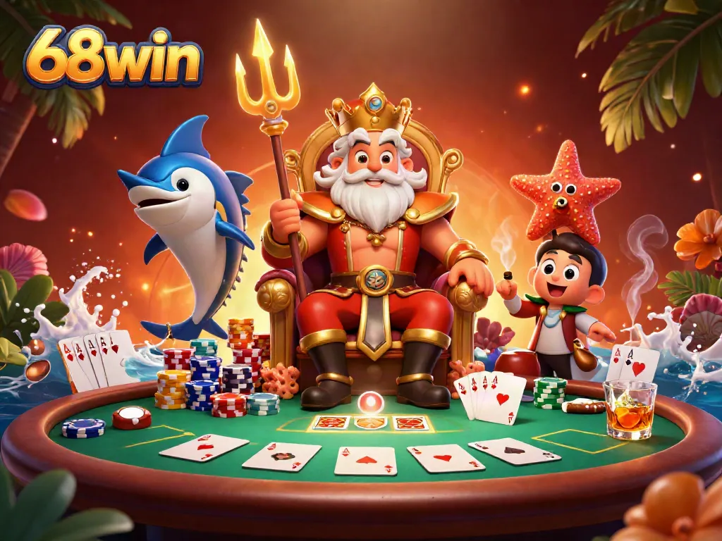 Experience thrilling poker action with 68win: Neptune and companions around a vibrant poker table.