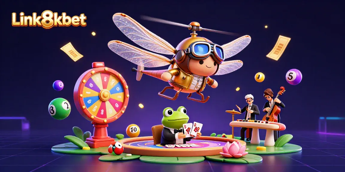 Engage with exciting gameplay at Link 8kbet with our lively illustration of a dragonfly pilot and frog croupier.
