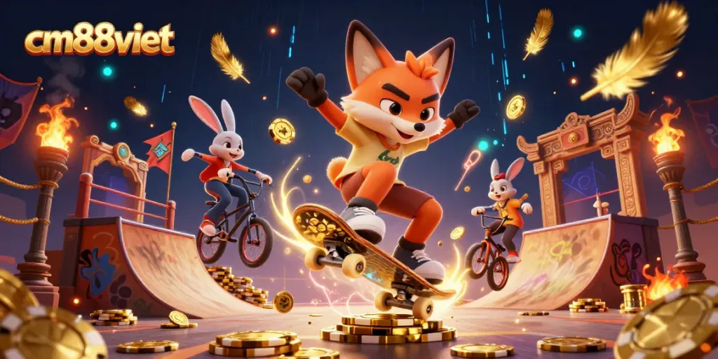 Jump into action with cm88viet featuring a skateboarder fox and BMX-riding rabbit in a vibrant casino scene.