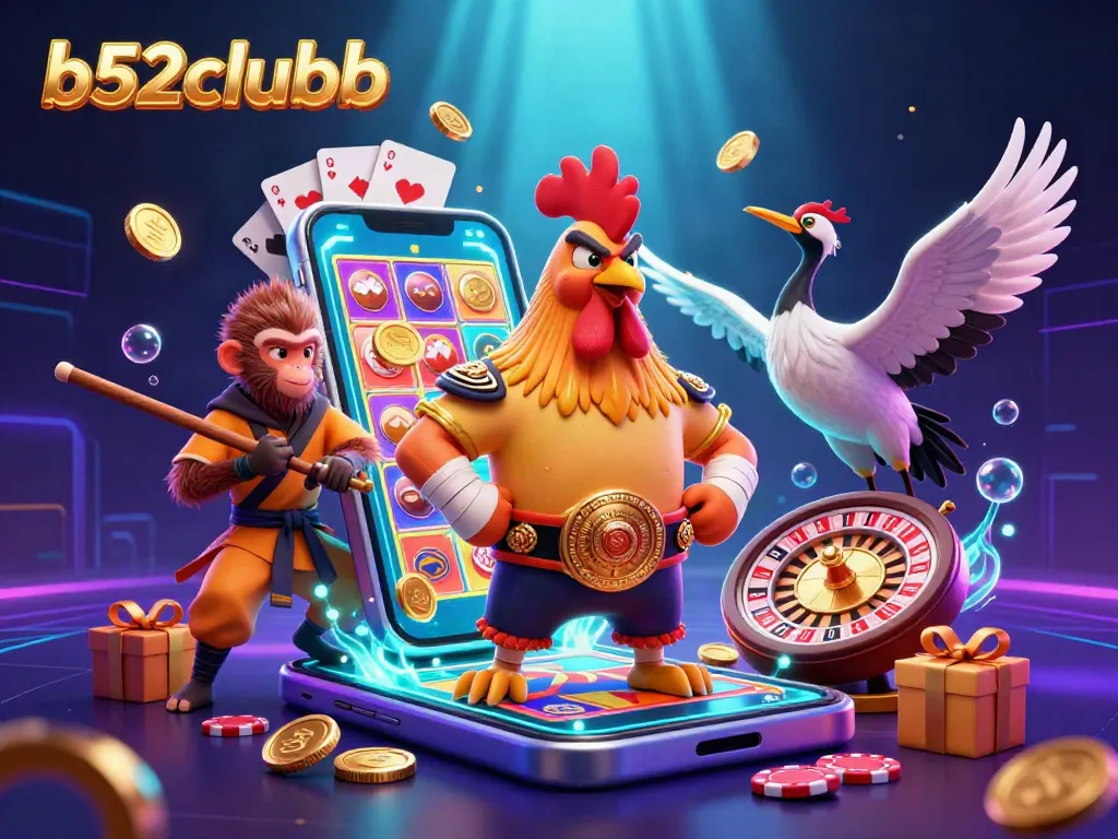 Engage with b52clubb in a vibrant 3D illustration showcasing casino excitement, featuring a rooster and martial artists.
