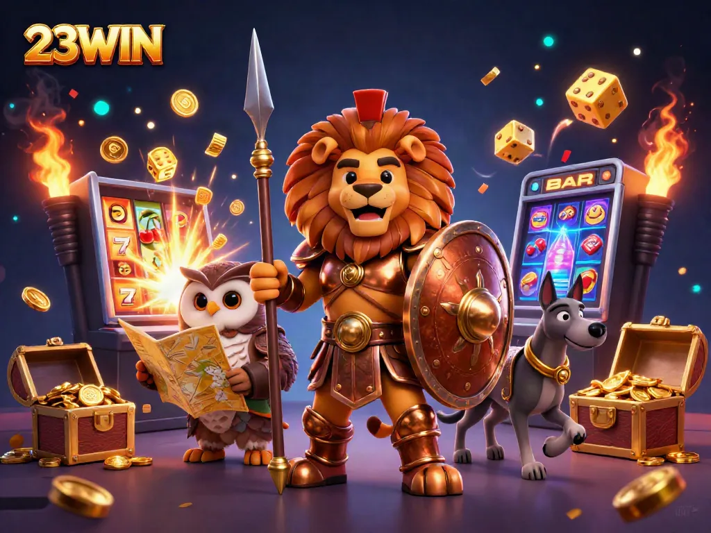 Win big at 23WIN with a lively casino scene featuring a Spartan lion, owl, and greyhound with rich jackpots.